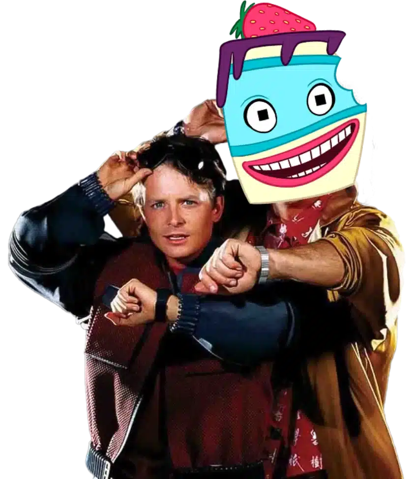 ByteMan junto a Marty McFly en una parodia de Volver al Futuro.