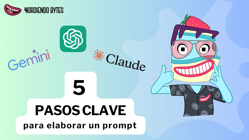 Personaje de Mordiendo Bytes (ByteMan) explicando los 5 pasos clave para elaborar un prompt en ChatGPT, Gemini y Claude.