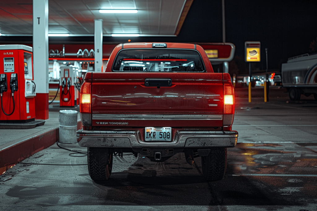 Camioneta roja estacionada en una gasolinera durante la noche, resaltando el ambiente urbano y los reflejos de las luces del establecimiento.