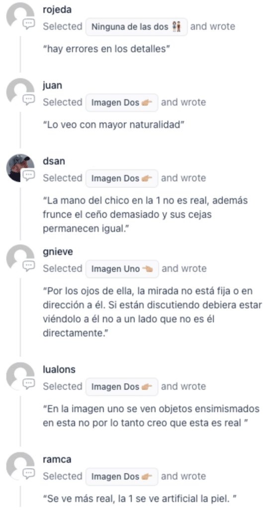 Comentarios de los suscriptores sobre las diferencias percibidas entre las imágenes en el reto "Sabor Auténtico Vs. Sabor Artificial" edición #99 de Mordiendo Bytes.