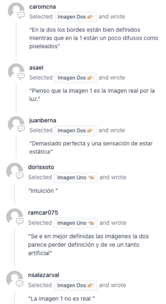 Opiniones de los lectores sobre el reto "Sabor Auténtico vs. Sabor Artificial" edición #100, donde comparan dos imágenes y eligen cuál consideran real.