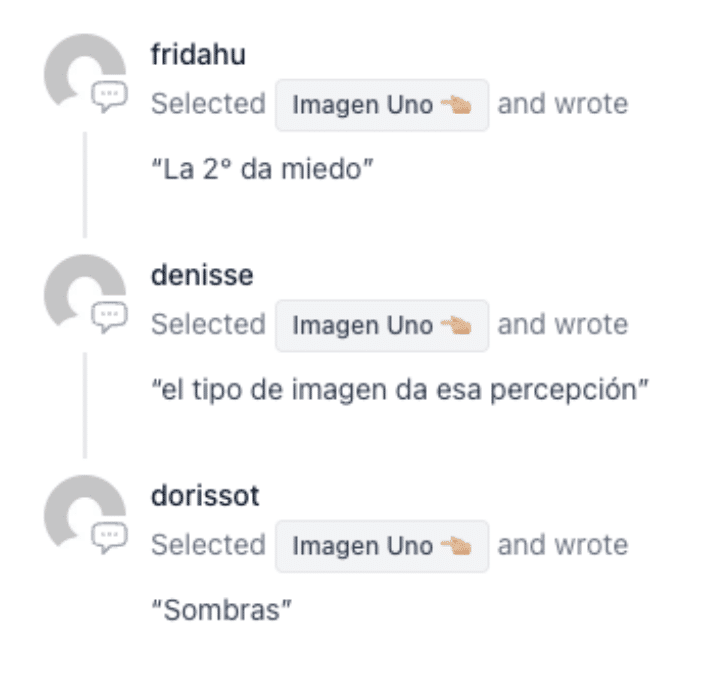 Captura de pantalla con comentarios de usuarios que eligieron Imagen Uno por factores subjetivos como miedo, sombras o percepción.