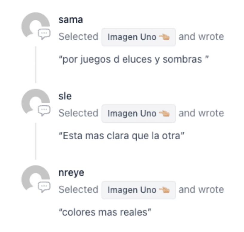 Captura de pantalla con comentarios de usuarios que justifican su elección de Imagen Uno por razones visuales como claridad, sombras y color.