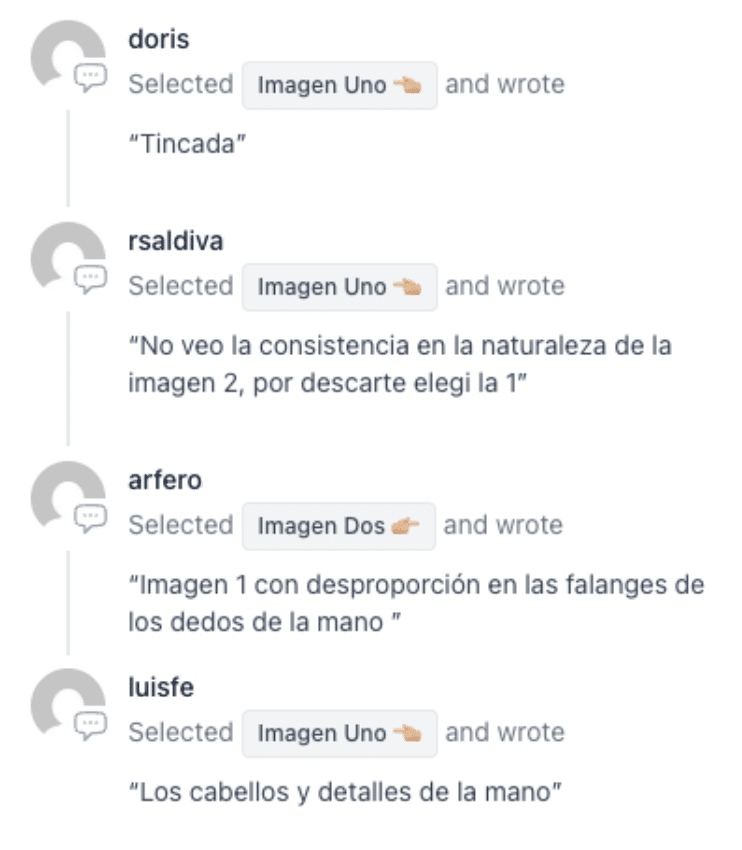 Captura de pantalla con opiniones de usuarios justificando su elección entre dos imágenes basándose en detalles como proporciones de manos, cabellos y realismo visual.
