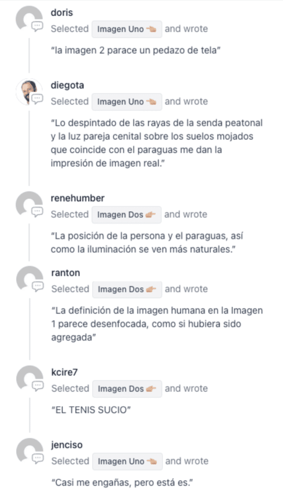 Captura de pantalla con comentarios de usuarios que analizan detalles visuales como iluminación, proporciones y textura para decidir entre Imagen Uno o Dos.