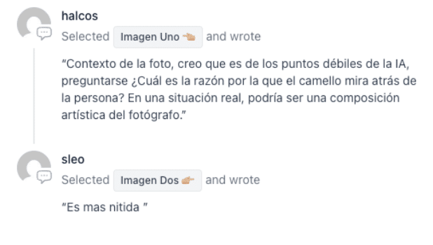 Captura de pantalla de opiniones de dos usuarios en el Reto "Sabor Auténtico Vs. Sabor Artificial" Edición 124. Uno vota por Imagen Uno, otro por Imagen Dos.