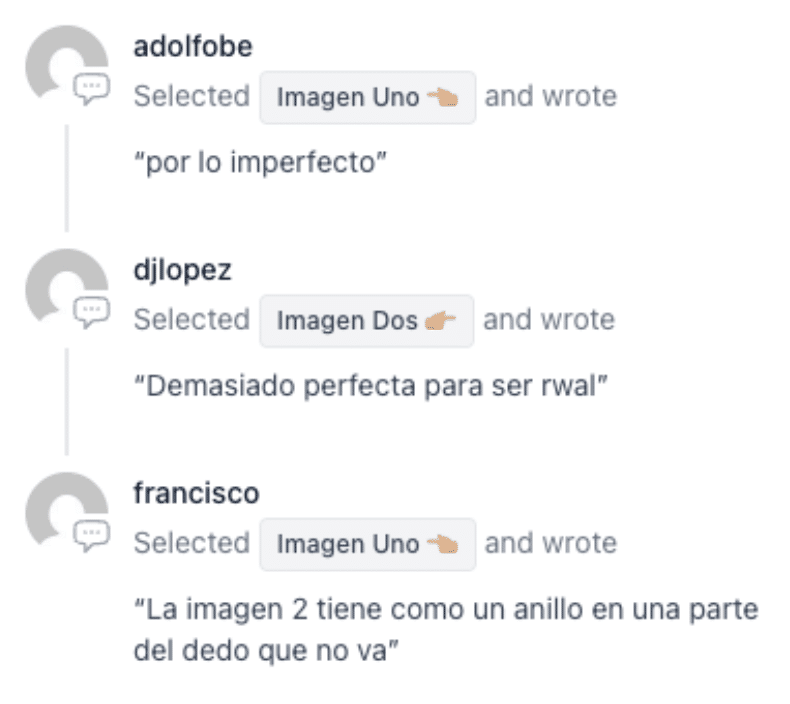 Captura de pantalla de opiniones de dos usuarios en el Reto "Sabor Auténtico Vs. Sabor Artificial" Edición 125. Uno vota por Imagen Uno, otro por Imagen Dos.